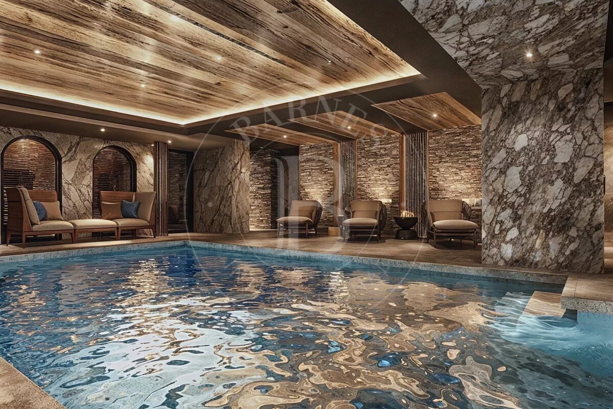 Luxurious indoor pool area featuring warm wood-paneled ceilings, marble walls, and elegant lounge seating.