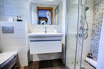 A bathroom with a toilet a sink and a shower