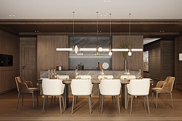 A dining room with a long table and chairs