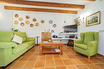 A living room with green furniture and a flat screen tv
