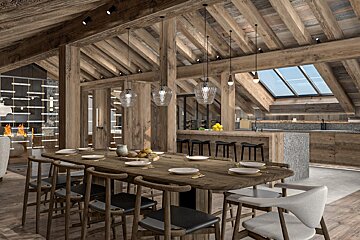 A dining room with a large wooden table and chairs