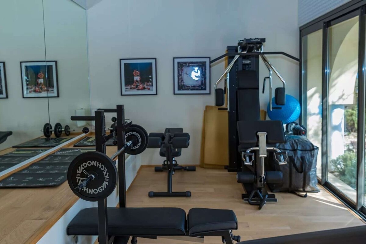 A modern home gym with a barbell, bench, multi-gym, and stability ball, reflecting in wall mirrors and illuminated by large windows.