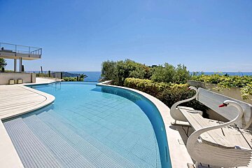 A large swimming pool with a bench in the shape of a swan