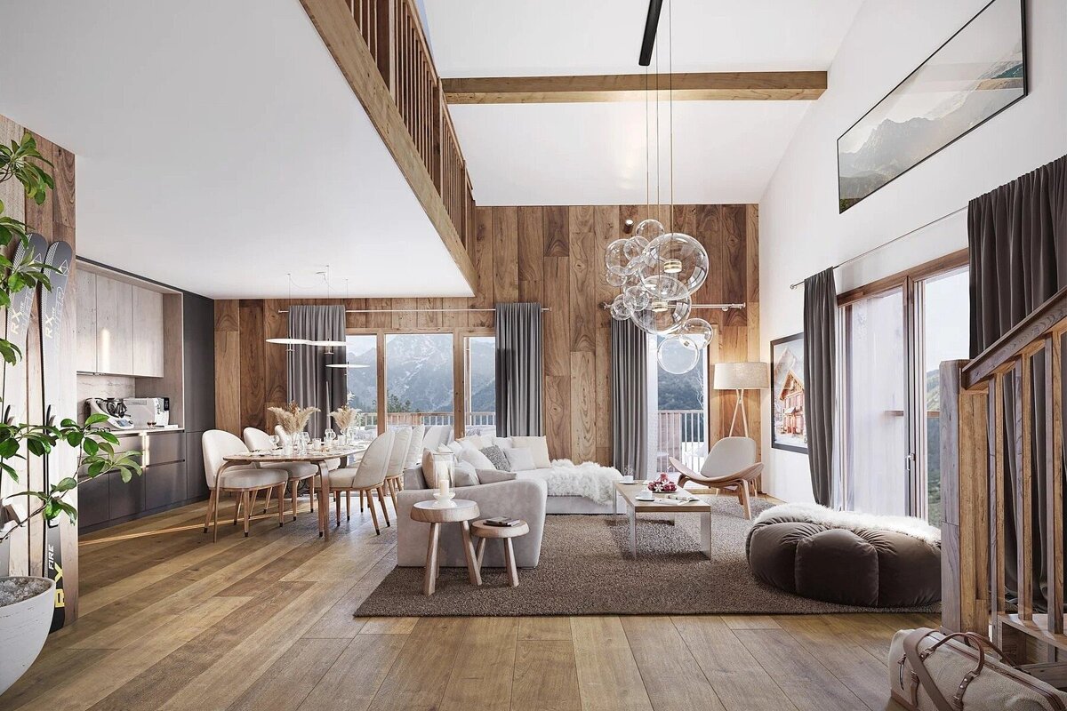 Modern rustic chalet interior with wooden walls, dining and living areas, bubble pendant lights, and mountain views.