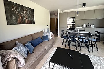 A modern, cozy open-plan living space with a brown sofa, large deer artwork, a sleek grey kitchen, and a black dining table with chairs.