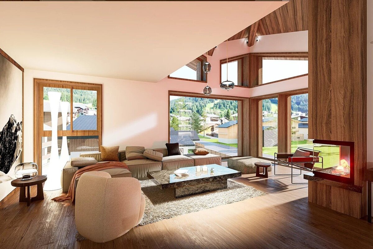 A spacious, modern living room with large windows offering mountain and village views, warm wood details, a fireplace, and comfy seating.