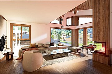 A spacious, modern living room with large windows offering mountain and village views, warm wood details, a fireplace, and comfy seating.