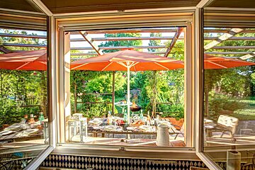 A view of a table and umbrellas from a window