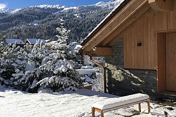 Snow covered trees in front of a house with mountains in the background