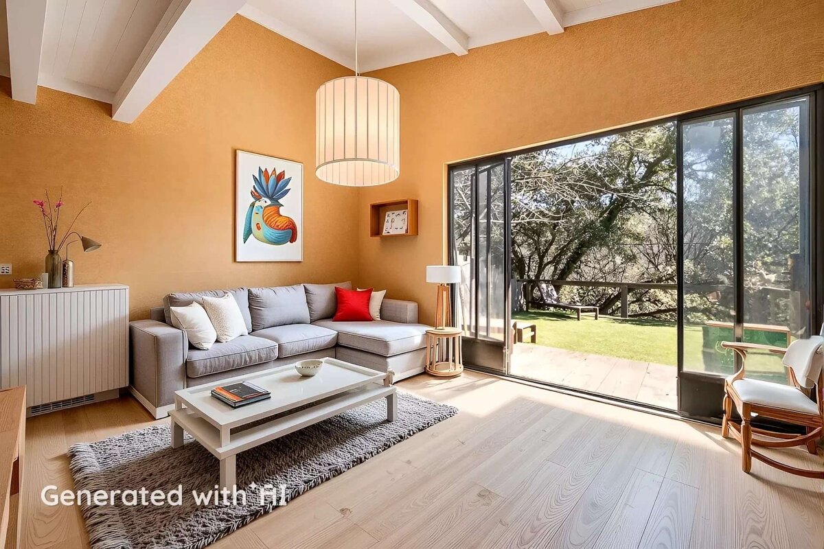 A modern living room with warm orange walls, a gray sectional, and light wood floors opens to a lush green backyard through large sliding glass doors.