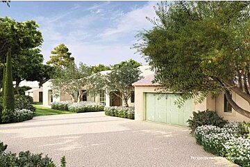 An artist 's impression of a house with a green garage door