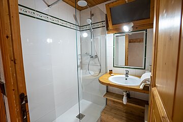A bathroom with a sink and a walk in shower
