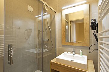 A bathroom with a sink a mirror and a shower