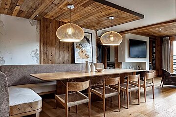 A stylish dining area with a long wooden table, bench seating, woven chairs, and two large pendant lights. Features wood paneled ceilings and walls.