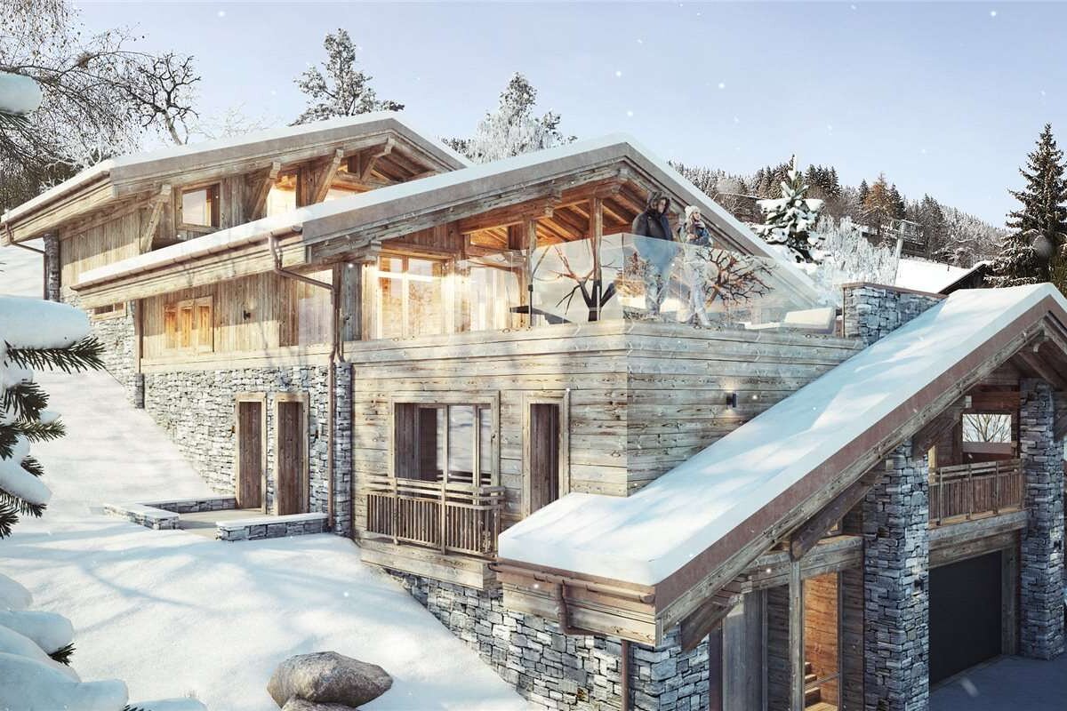 A snowy house with a staircase leading up to it