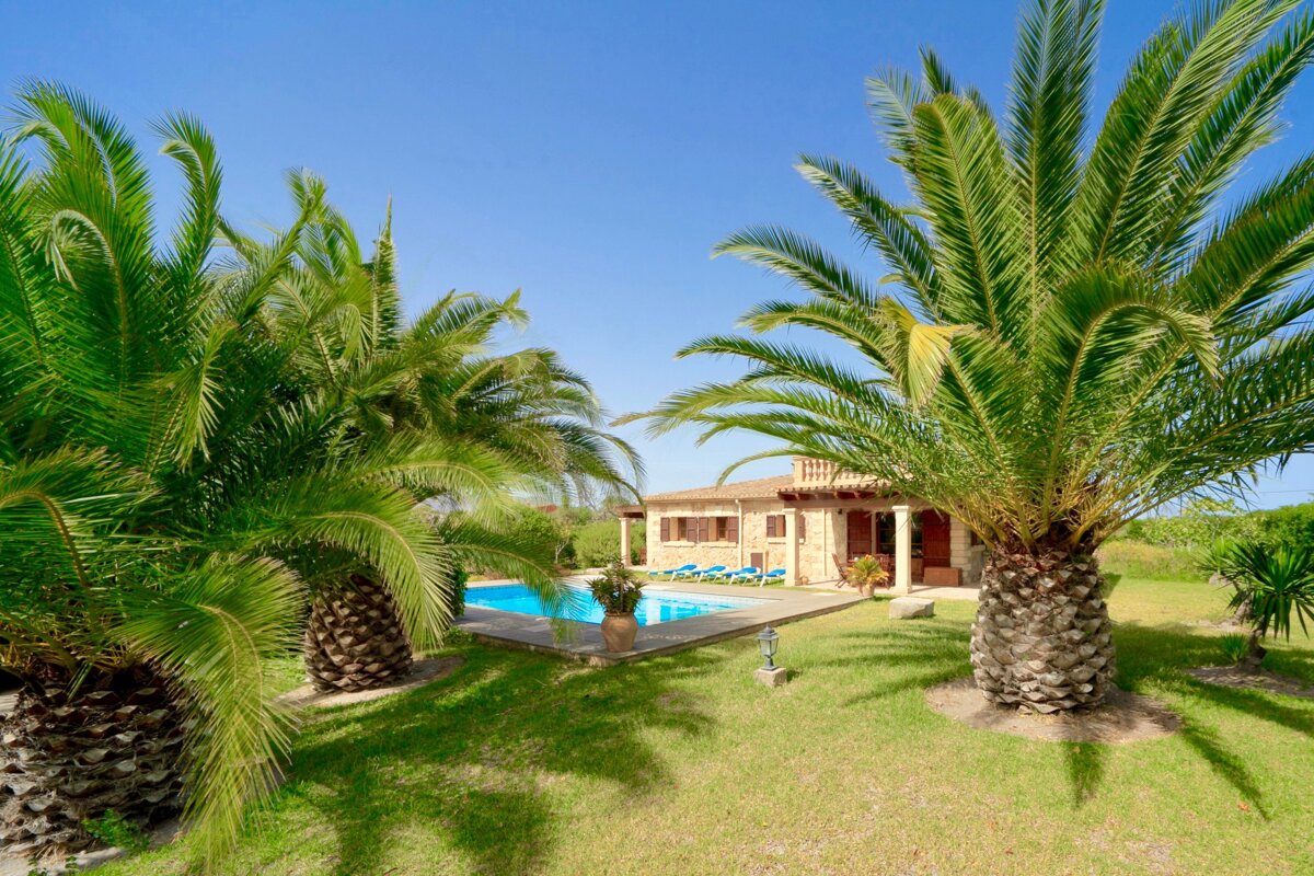 A beautiful stone villa with a sparkling pool sits amidst a vibrant green lawn, framed by lush palm trees under a clear blue sky.