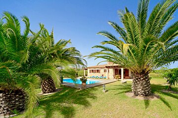 A beautiful stone villa with a sparkling pool sits amidst a vibrant green lawn, framed by lush palm trees under a clear blue sky.