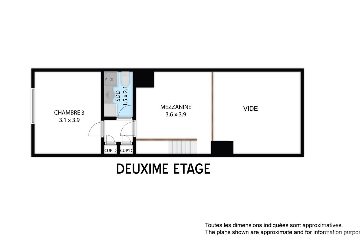 A floor plan for the "DEUXIME ETAGE," showing Chambre 3, a small bathroom (SDD), a mezzanine, and an empty space (VIDE).