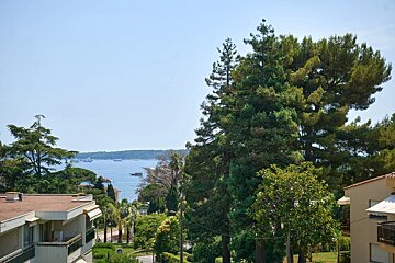A sunny coastal bay view with lush green trees, white buildings, and boats on the blue water under a clear sky.