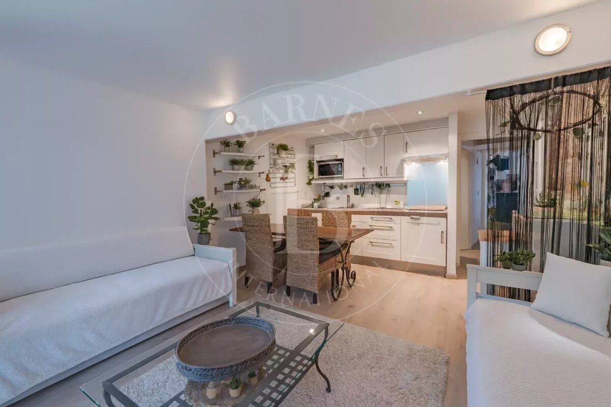 A cozy, open-plan studio apartment with a white sofa, glass coffee table, integrated kitchen, and dining area with wicker chairs. Light and plant-filled.