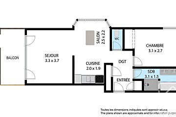 Floor plan of a 1-bedroom apartment, including living room, lounge, kitchen, bathroom, WC, and balcony.