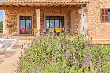 A stone house with purple flowers in front of it