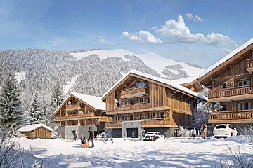 A serene snowy mountain village with several large, wooden chalets and snow-covered trees, set against majestic, white-capped peaks and a bright sky.