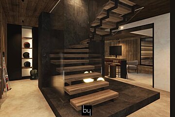 A wooden staircase with the word by on the bottom