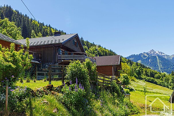 Sunny mountain scene with wooden houses on a green hillside, surrounded by trees, and a distant snowy peak under a clear blue sky.