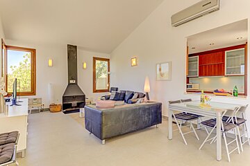 A living room with a couch and a fireplace