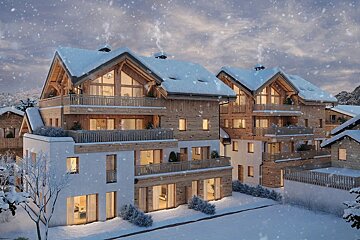 Snow-covered luxury chalets glow warmly at dusk amidst falling flakes, creating a picturesque and cozy alpine winter scene.