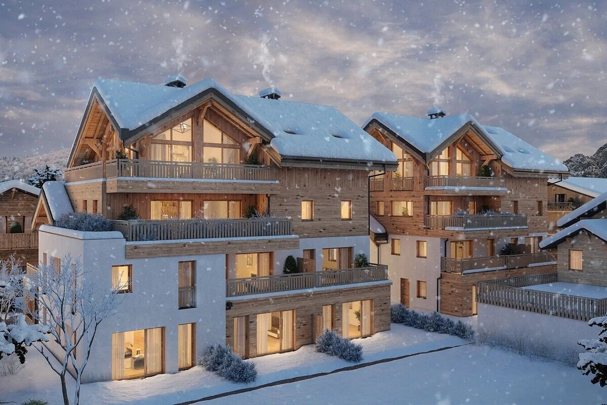 Snow falls on modern alpine chalets, featuring wooden and white facades. Warm lights glow from within, creating a cozy winter evening.