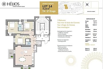 A detailed floor plan of HÉLIOS Lot 14, a 91.33m² (T4) apartment. Shows 3 bedrooms, 3 balconies, room sizes, and amenities in French.