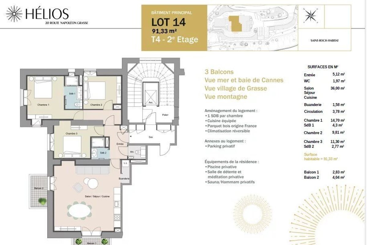 Architectural floor plan of a 3-bedroom apartment (Lot 14) showing detailed layout diagrams and surface area dimensions.