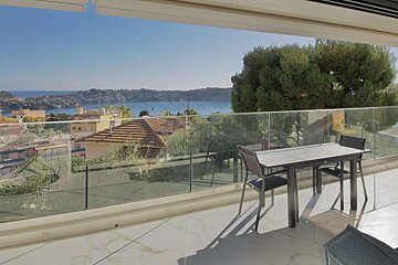 A balcony with a table and chairs overlooking a body of water