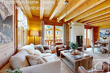 Cozy alpine chalet living room with wooden walls, plush sofas, a fireplace, and rustic decor.