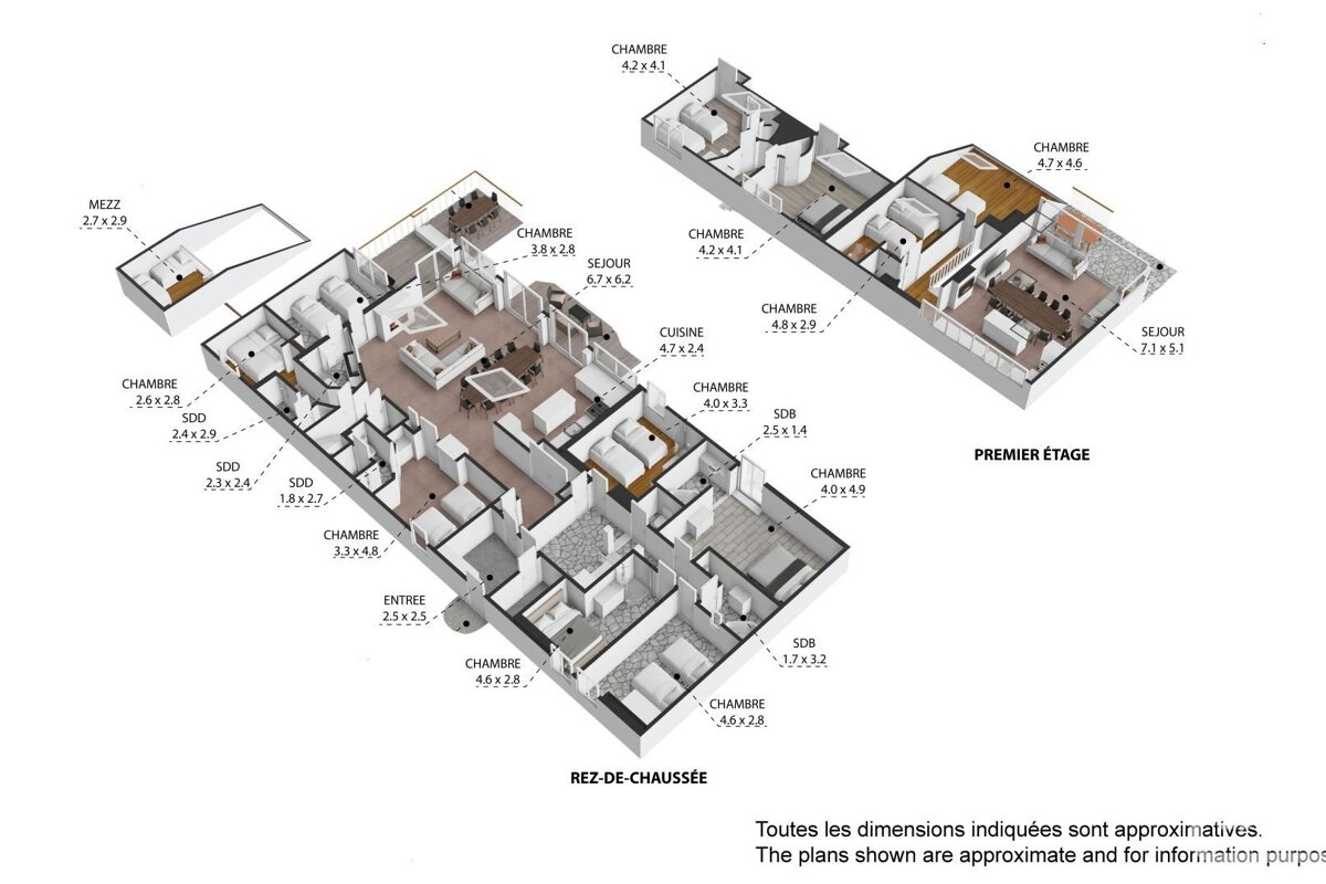3D architectural floor plans showing a multi-level house layout, including ground, first floor, and mezzanine, with rooms labeled in French.