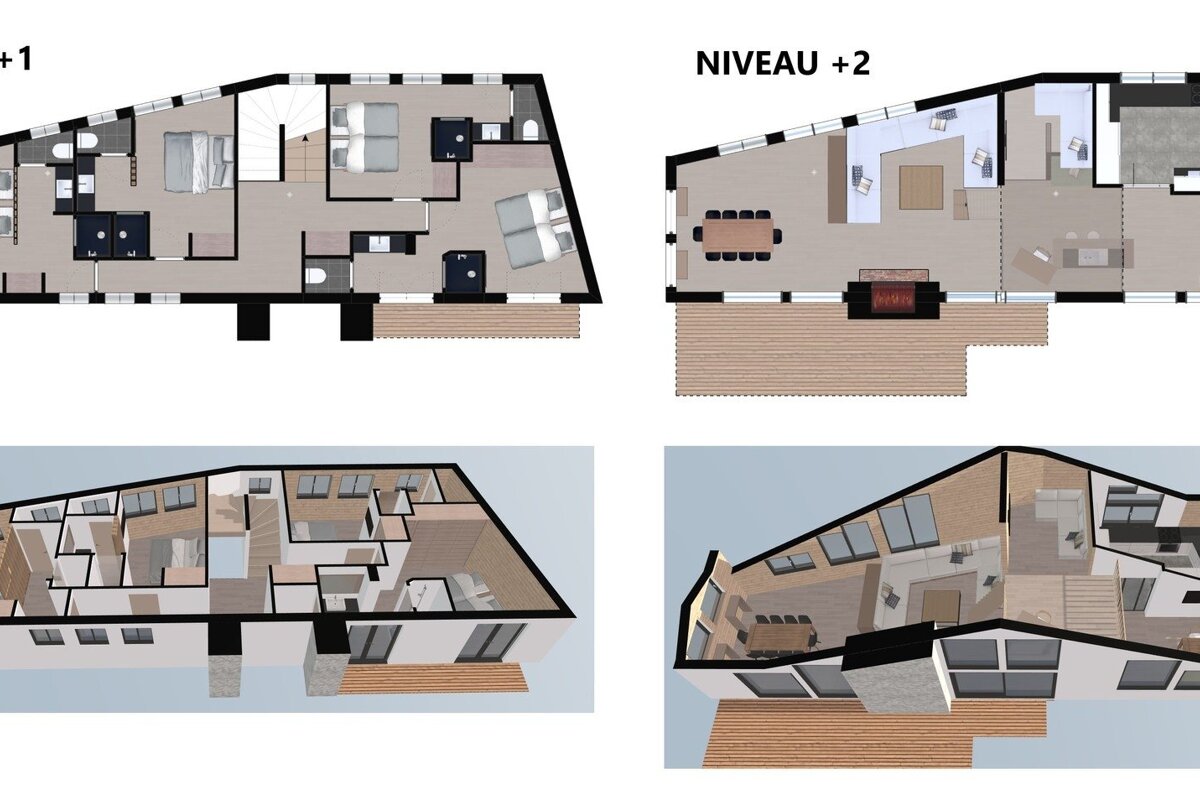 2D floor plans and 3D interior renderings of two levels (+1 and +2) of a modern residence.