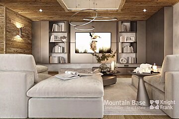 A luxurious, modern living room in neutral tones with a wooden ceiling, sleek bookshelves, a large TV, and contemporary ring chandeliers, exuding coziness.