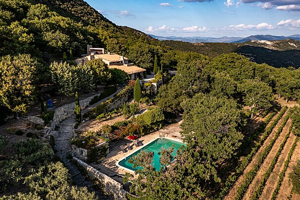 An aerial view of a house surrounded by trees and vineyards