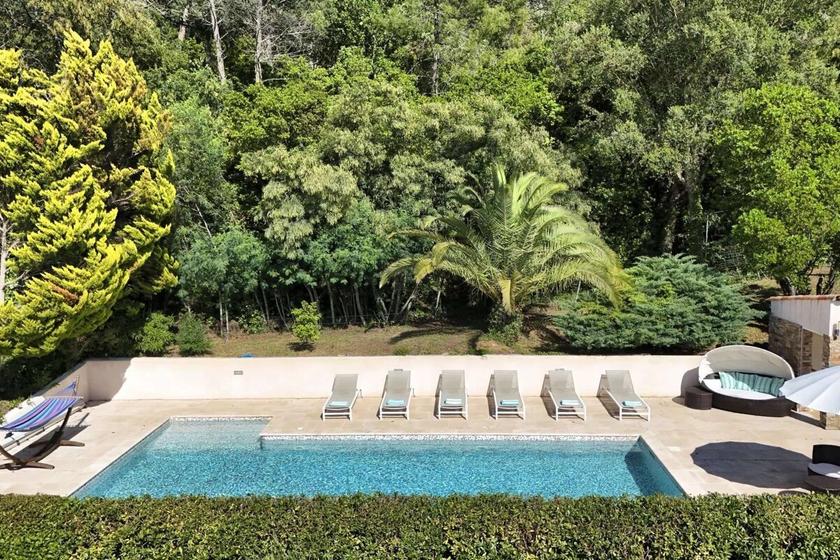 A large swimming pool surrounded by chairs and trees