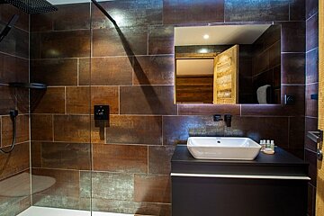 Modern bathroom with dark rust-colored tiles, a glass shower, and a black vanity with a white vessel sink under a backlit mirror.