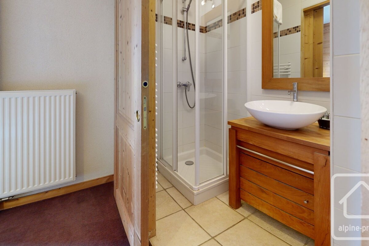 A bathroom with a sink and a shower with the word alpine on the corner