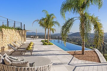 A swimming pool surrounded by palm trees and a stone wall