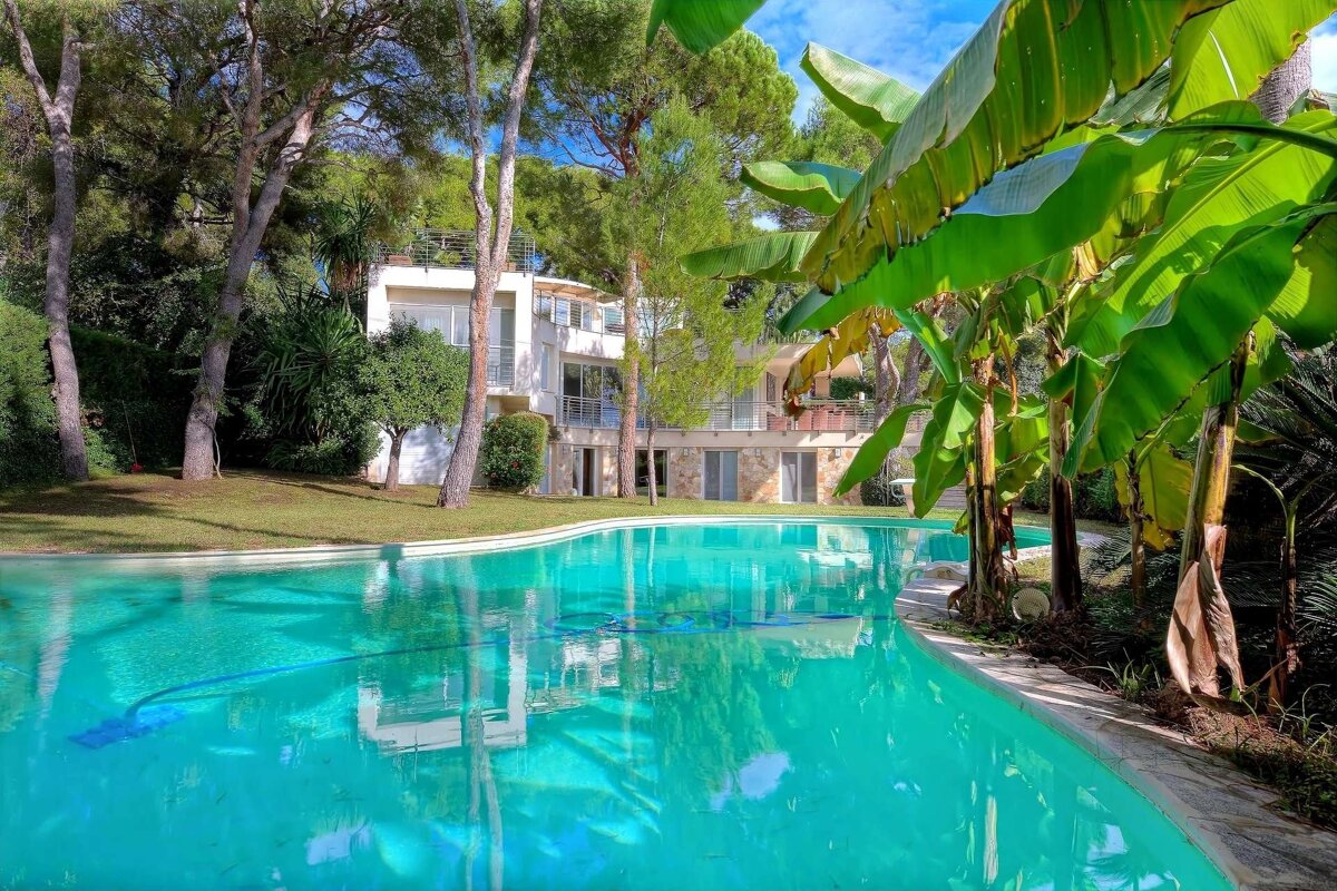 A modern white house and turquoise pool set amidst lush green trees, including pines and banana plants, under a bright sky.