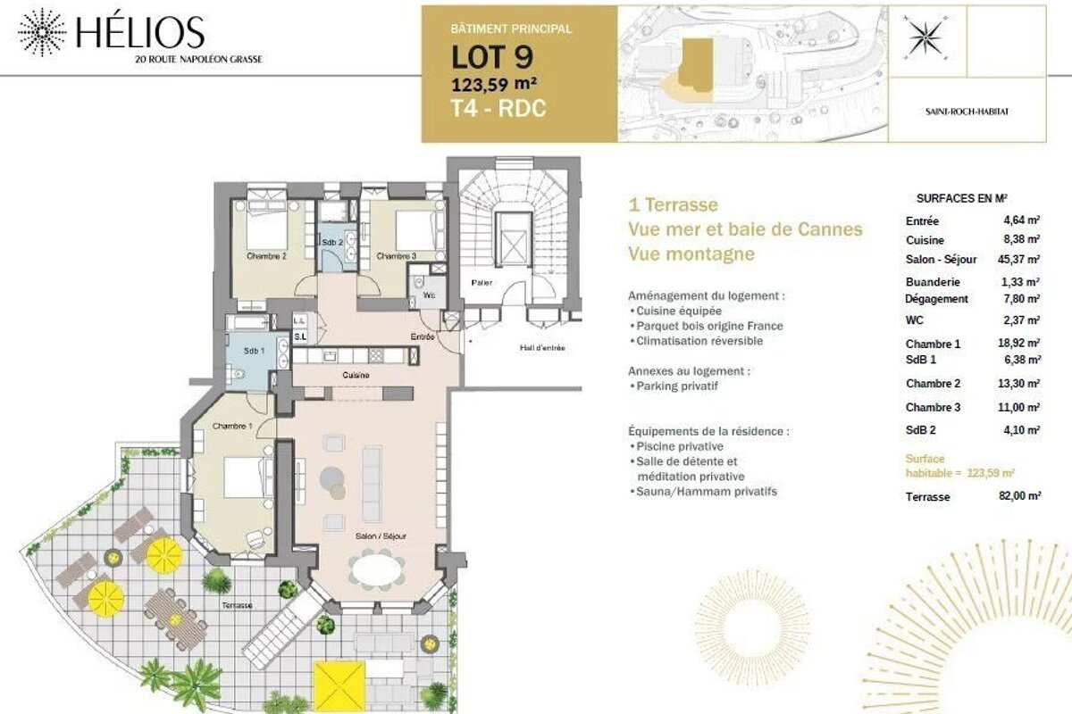 Architectural floor plan of a 3-bedroom ground floor apartment (Lot 9) with a large terrace, including room dimensions and key amenities.
