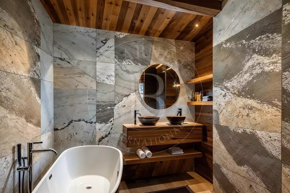 Modern bathroom with marble walls, wood ceiling, freestanding tub, double vanity, and round mirror. Luxurious and rustic-chic design.