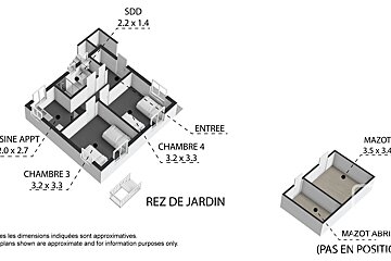 An isometric floor plan of rez de jardin