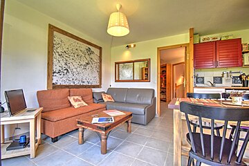 A cozy, open-plan living room and kitchen featuring an orange fabric sofa, a grey leather sofa, a rustic coffee table, a dining area, and red kitchen cabinets.