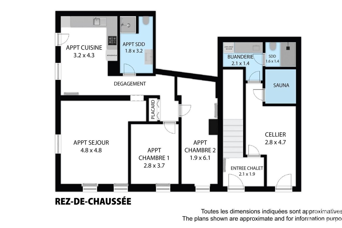 French ground floor plan of an apartment/chalet, including kitchen, living room, 2 bedrooms, bath, laundry, sauna, and cellar.